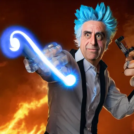 Image similar to Rick Sanchez as a real-life person, studio portrait, real-life-action movie star, holding a portal gun, opening a portal, Rick Sanchez