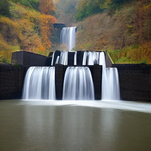 Prompt: Brutalism waterfall dam