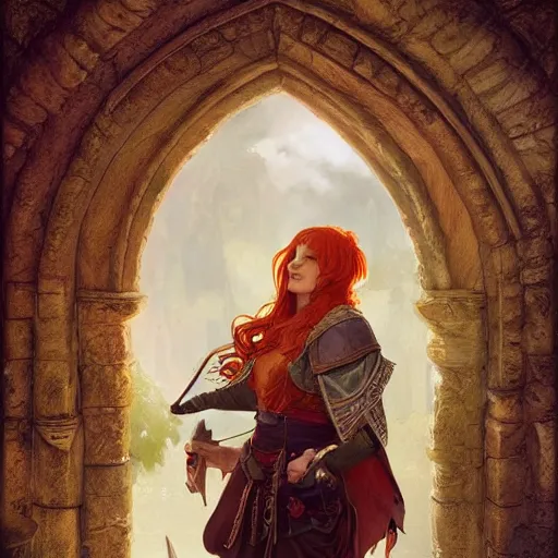 Prompt: portrait of a redhead human bard in a medieval tabern, joyful, fantasy, highly detailed, digital painting, artstation, concept art, character art, art by greg rutkowski and tyler jacobson and alphonse mucha