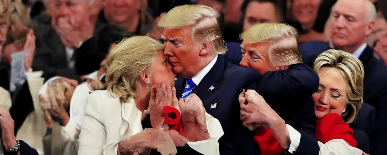 Prompt: AP PHOTO Donald trump seen kissing Hillary Clinton. They are both hiding