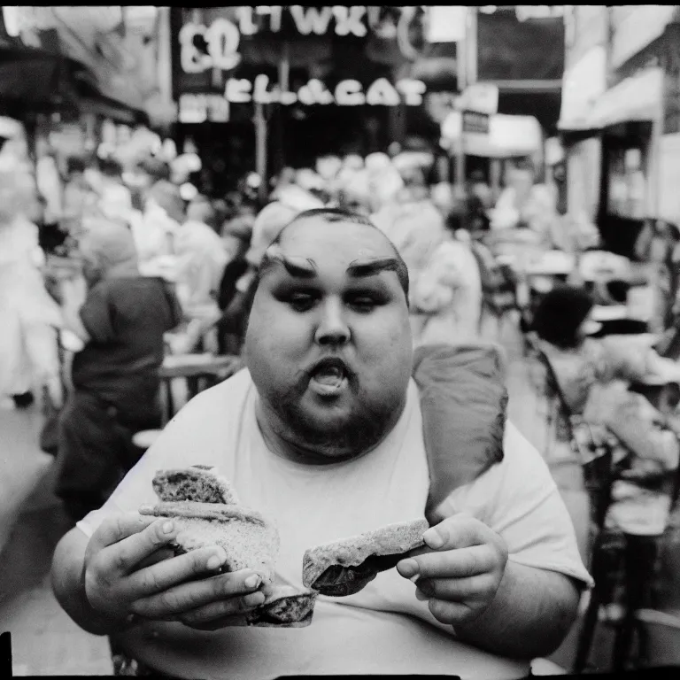 Prompt: a black and white film photo of a fat man eating a sandwich. holga, lomo, film, tri - x, vintage