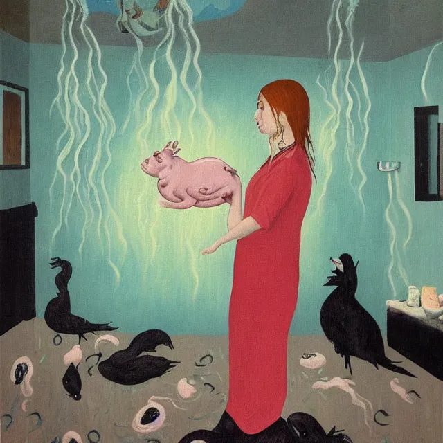 Image similar to tall female emo artist holding a pig in her flooded bathroom, octopus, water gushing from ceiling, painting of flood waters inside an artist's bathroom, a river flooding indoors, pomegranates, pigs, ikebana, water, octopus, river, rapids, waterfall, black swans, canoe, berries, acrylic on canvas, surrealist, by magritte and monet