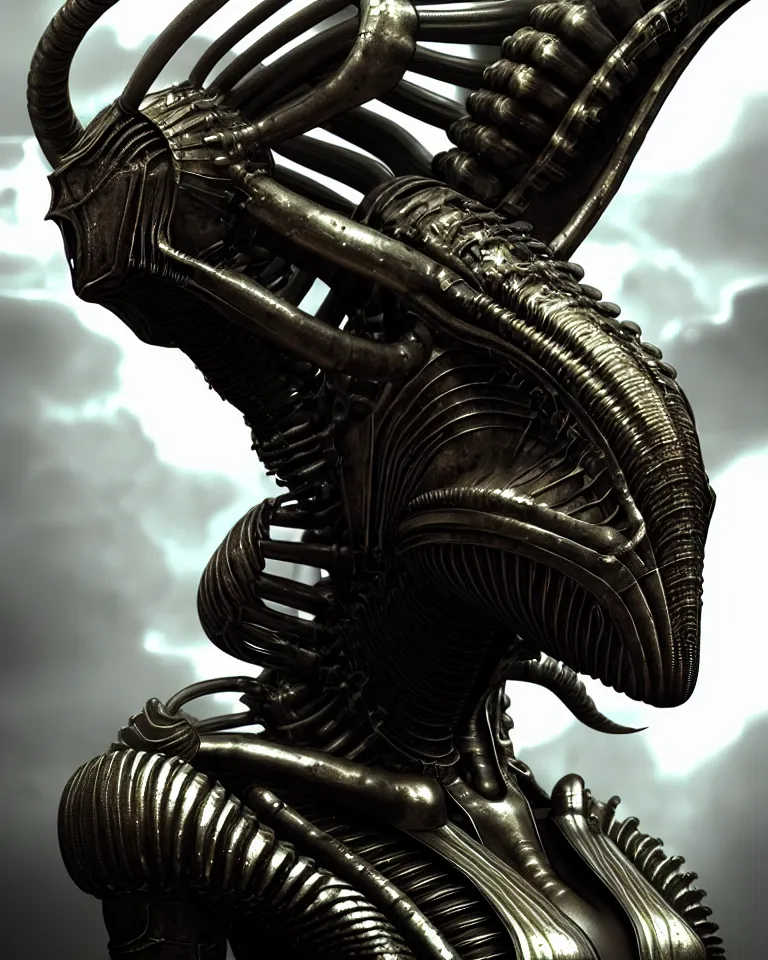 Image similar to epic portrait of alien queen in ring armour by giger and elvgren epic octane vfx maya render