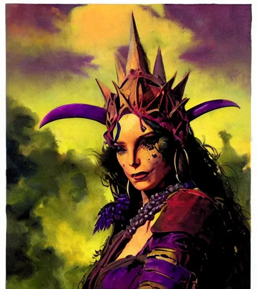 Image similar to evil princess of the wasteland, scrap metal headdress, strong line, deep color, yellow purple, cloudy sky, beautiful! coherent! by brom, by frank frazetta, low angle