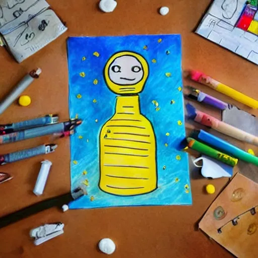 Prompt: solar system enclosed in a bottle, child ’ s drawing, cute, cartoon