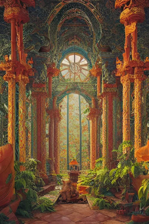 Prompt: glorious painted temple of the forest, by Sylvain Sarrailh and Ludwig Deutsch and Rudolf Ernst and edmund dulac, dramatic cinematic lighting , beautiful colorful tilework, ornate architecture, smooth, sharp focus, extremely detailed