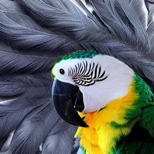 Image similar to parrot with human hair instead of feathers