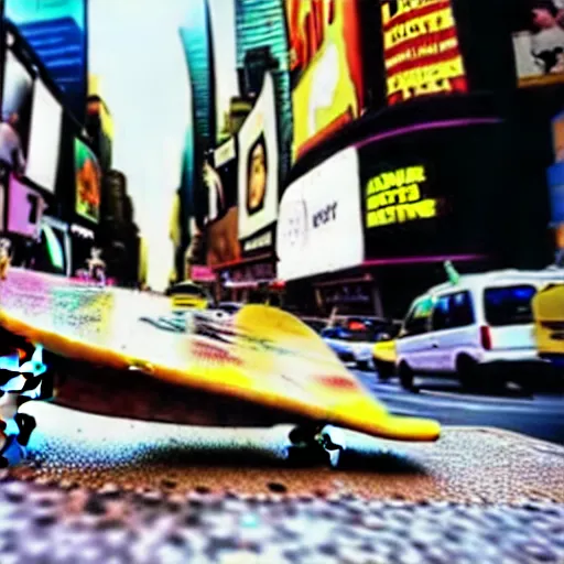 Image similar to a cool lemon riding a skateboard in times square new york