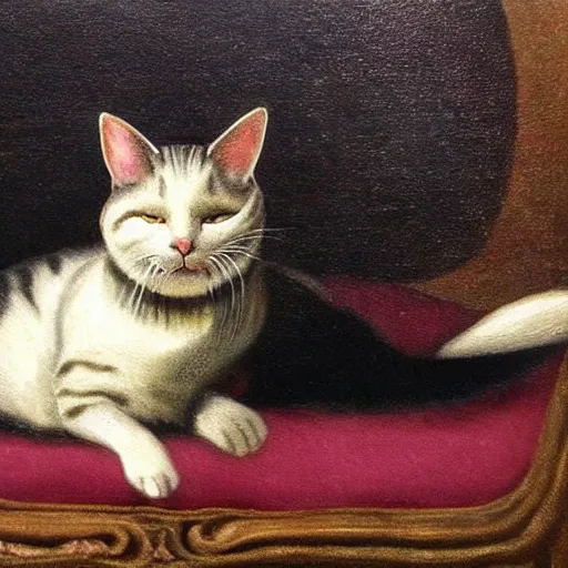 Image similar to detailed oil painting of a cat resting on a couch, 1 9 th century, by mirai mizu, by ralph bakshi, by caravaggio, by georgia o keeffe