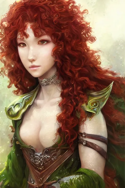 Prompt: A realistic anime portrait of long curly haired redhead female ranger wearing an intricate fantasy ranger outfit, asian facial features, green eyes, digital painting, by Stanley Artgerm Lau, Sakimichan, WLOP and Rossdraws, digtial painting, trending on ArtStation, SFW version