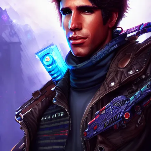 Image similar to arthur fonzareli, being a great, loveable guy, sci - fi, gritty, shadowrun splash art, art by artgerm, intricately detailed, highly detailed, trending on artstation, 4 k, wallpaper - 1 0 2 4