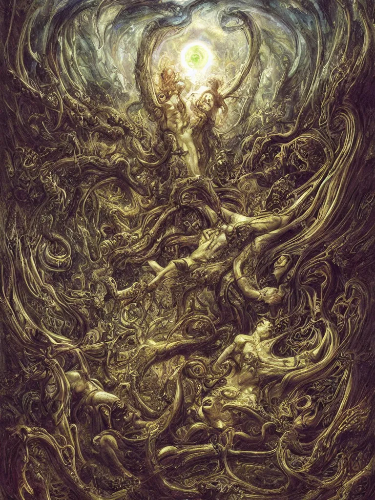 Prompt: muscular eldritch radiating town fractal shimmering phantasm, by h. r. giger and esao andrews and maria sibylla merian eugene delacroix, gustave dore, thomas moran, pop art, chiaroscuro, biopunk, art nouveau