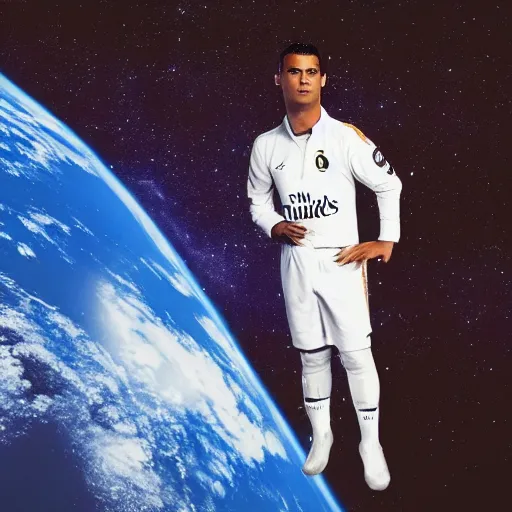 Image similar to ronaldo in space, full body shot, wide angle