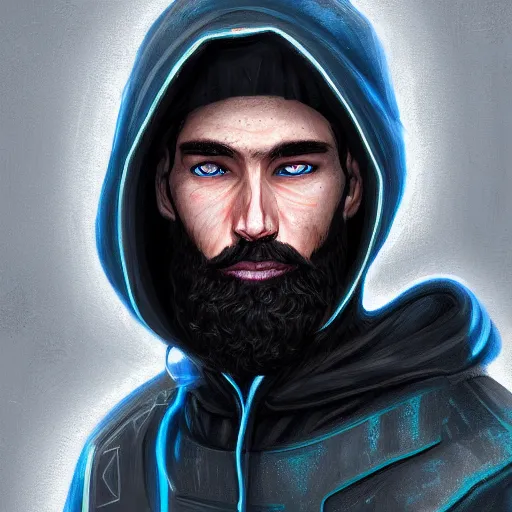 Image similar to a portrait of an ultradetailed male cyberpunk waring a hoodie, bearded, deep blue eyes, by ivan lopez, 8 k, digital painting