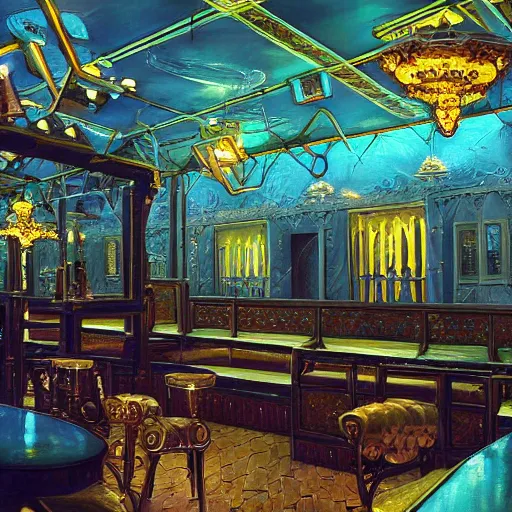 Image similar to painting of artlilery spaceship with ornate metal work lands in country tavern, filigree ornaments, volumetric lights, norm rockwell, micheal whelan