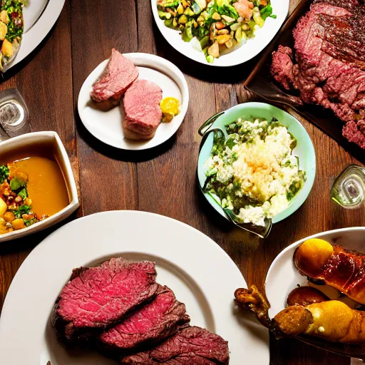 Image similar to the main course and sides of a texas steakhouse, food photography