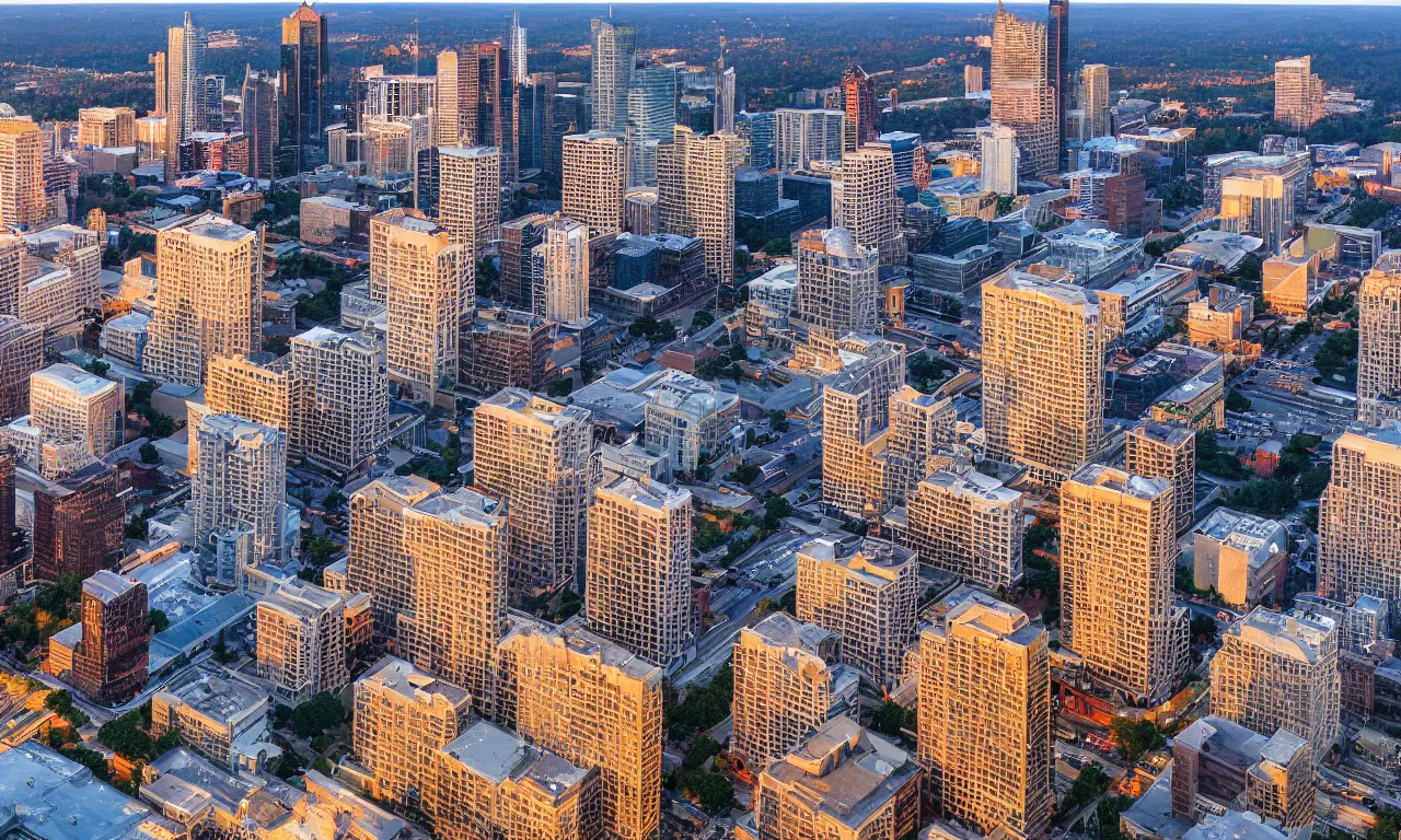 Prompt: a picture of Atlanta from the view of a highrise building in Buckhead, realistic heavenly lighting, realistic reflections, highly detailed, golden hour