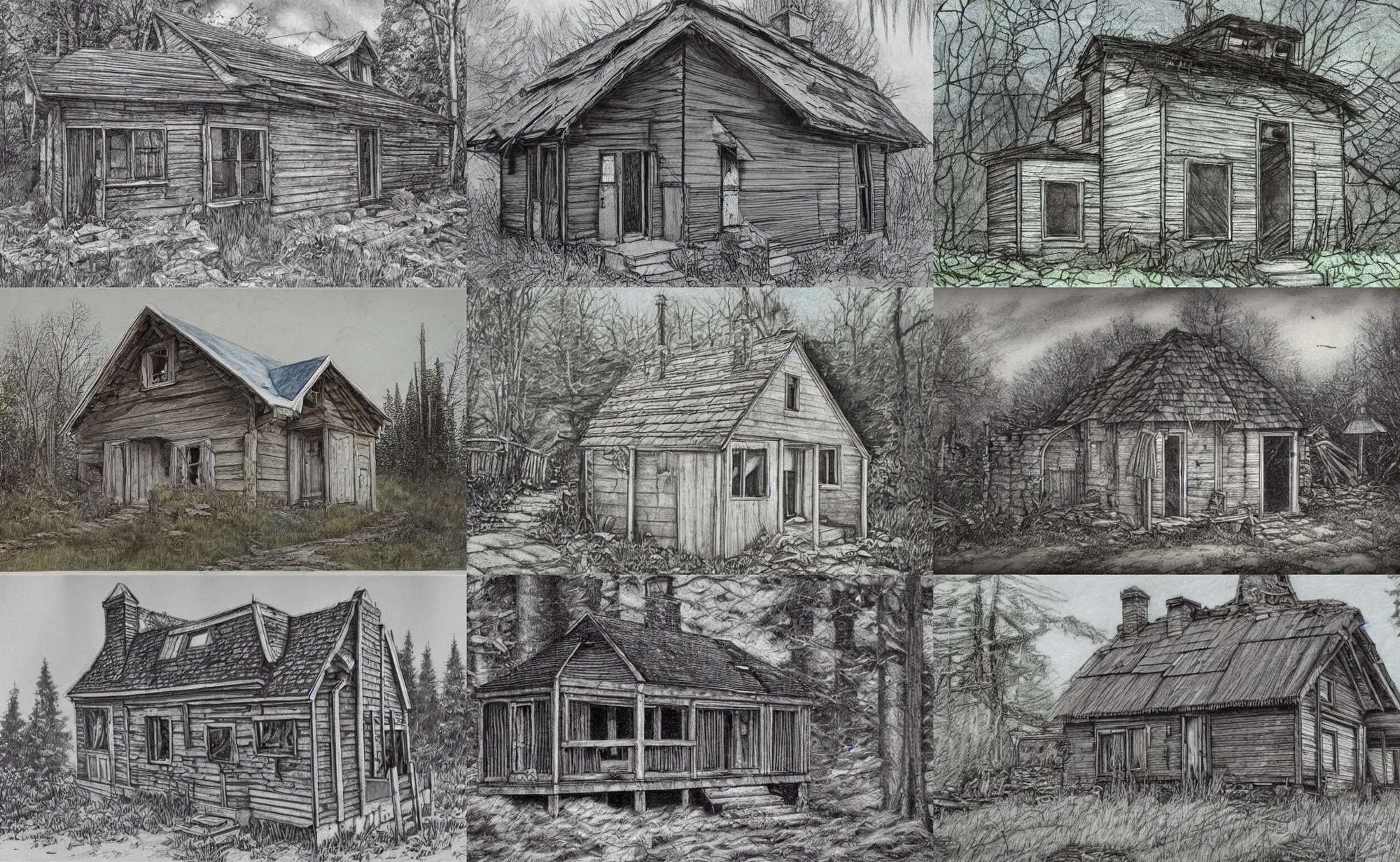 Prompt: Well-detailed 1980s abandoned cottage, skillful pencil rendering magnus opus