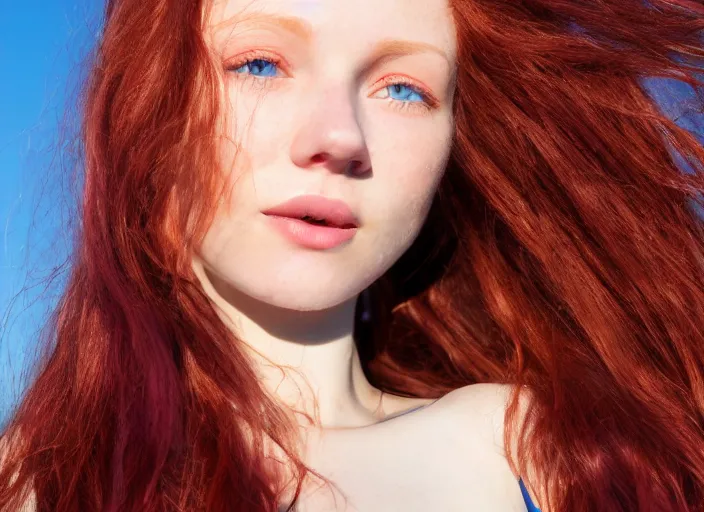 Prompt: close up portrait photograph of a thin young redhead woman with russian descent, sunbathed skin, with deep blue eyes. Wavy long maroon colored hair. she looks directly at the camera. Slightly open mouth, face takes up half of the photo. a park visible in the background. 55mm nikon. Intricate. Very detailed 8k texture. Sharp. Cinematic post-processing. Award winning portrait photography. Sharp eyes.