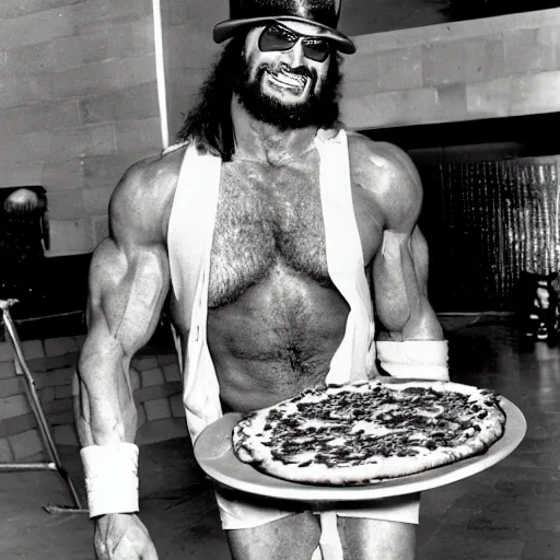Prompt: macho man randy savage rubbing pizza over his muscled chest