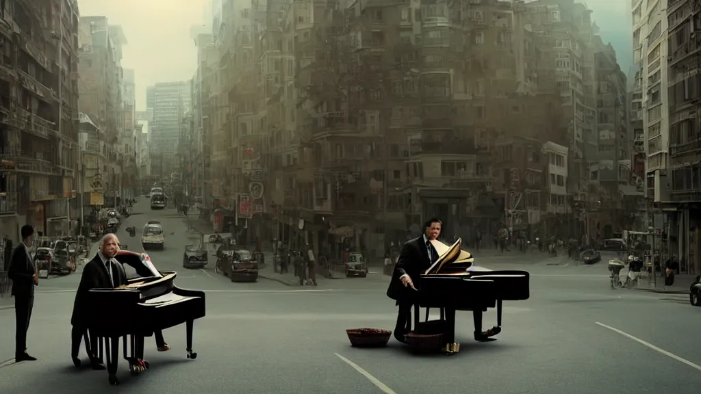Prompt: a man in a suit wearing a goat mask playing a grand piano in the center of a busy street, morning glory light, film still from the movie directed by Denis Villeneuve with art direction by Salvador Dalí, wide lens