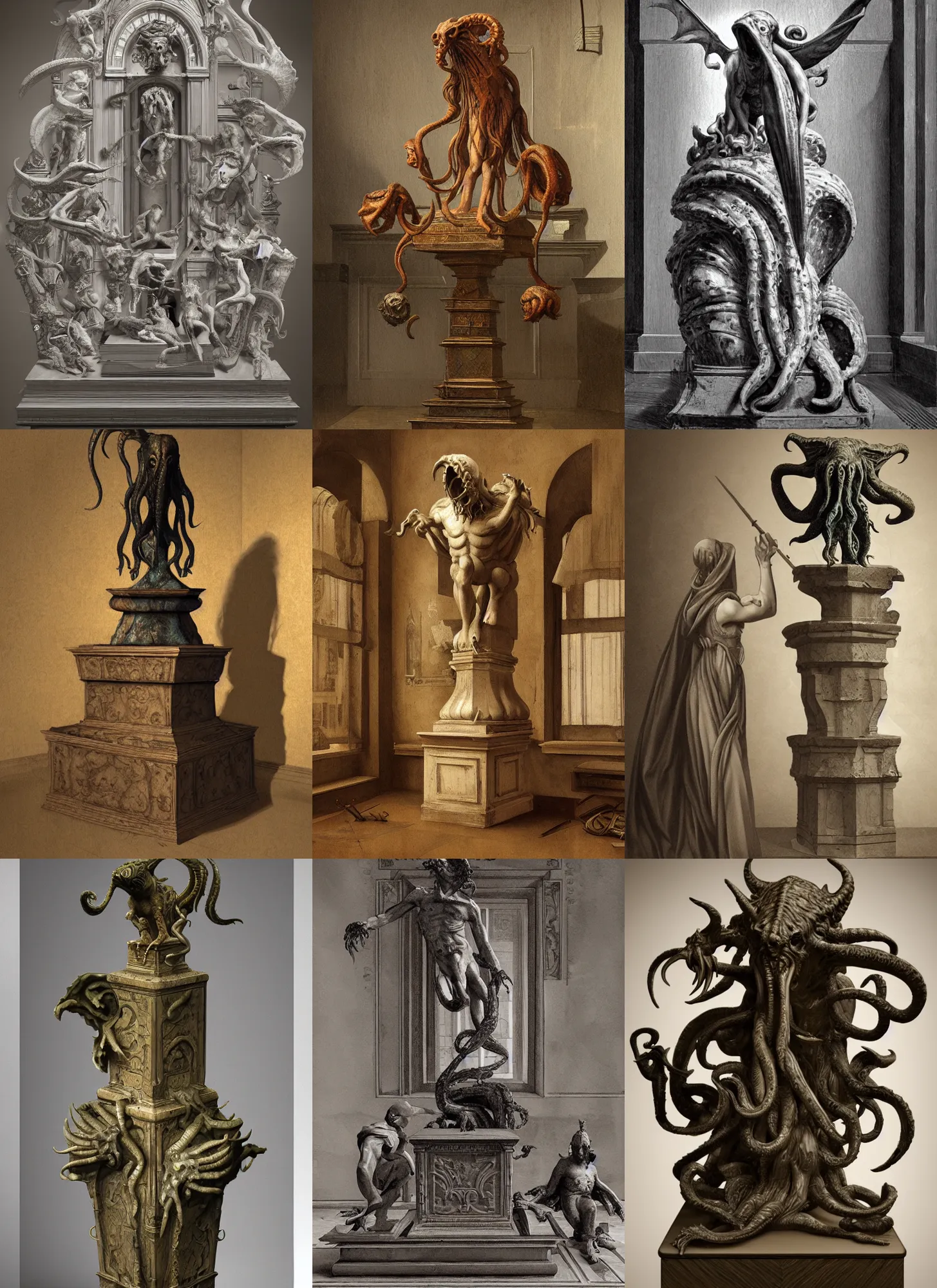 Prompt: italian renaissance indoor workshop with cthulhu sculpture and pedestal, highly detailed, artstation, concept art, sharp focus, illustration, rutkowski, vermeer