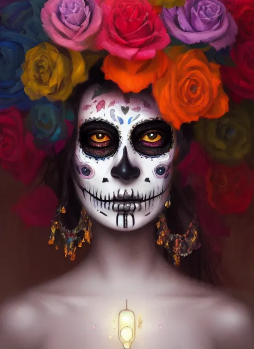 Image similar to portrait of dia de muertos, extremely detailed digital painting, in the style of fenghua zhong and ruan jia and jeremy lipking and peter mohrbacher, mystical colors, rim light, beautiful lighting, 8 k, stunning scene, raytracing, octane, trending on artstation