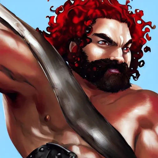 Image similar to kratos with an afro and a giant mustache, digital painting masterpiece, gorgeous brush strokes, advanced lighting technology, by shigenori soejima