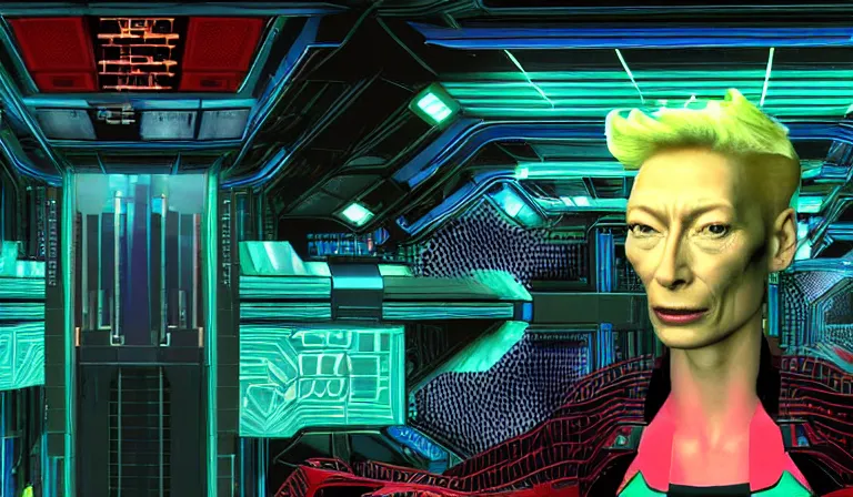 Image similar to Tilda Swinton attacking you in System Shock 2, gameplay screenshot