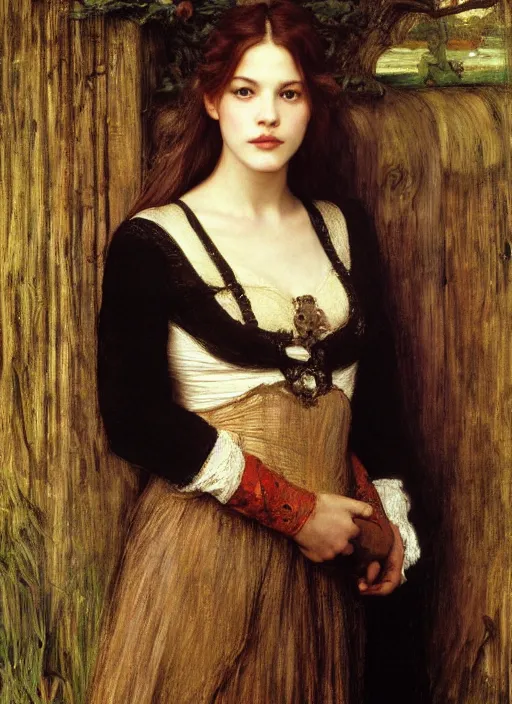 Image similar to a beautiful painting of young liv tyler by John Everett Millais and Dante Gabriel Rossetti and John Collier and john william waterhouse, pre-raphaelite, detailed, trending on artstation, hd, masterpiece