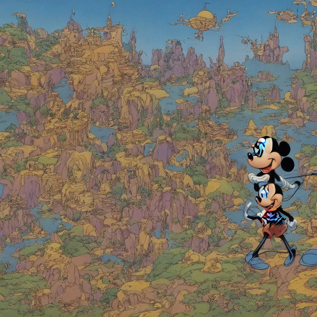 Image similar to 8k Disney's Mickey Mouse in a fantasy world, by Moebius