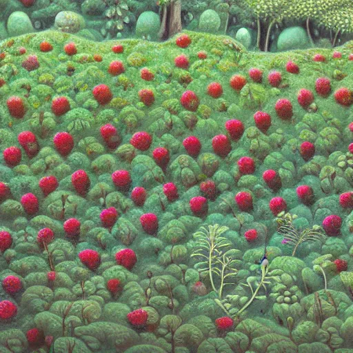 Image similar to a beautiful painting powerful raspberry forest raspberry forest pod cocoa pine tree nut, by wendy froud and ghibli studios, an 8 megapixel webcam recording electron microscope, national geographic photo aquatic creepy village couch turtle