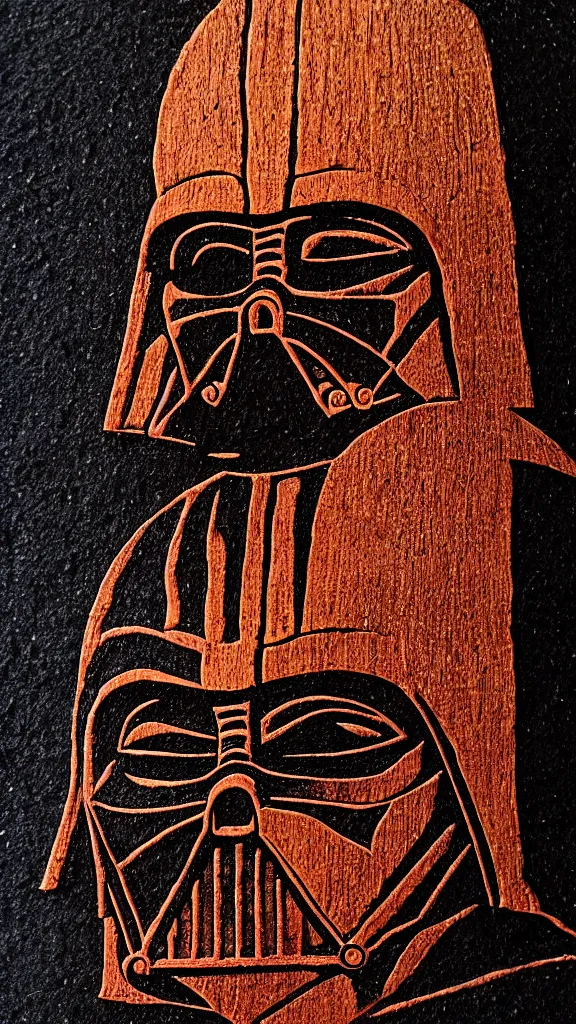 Prompt: a portrait of darth vader, in an action pose, burned into a slice of a log. in the style of a wood burned etching. color harmony, 8 k detail, gallery quality, hd wallpaper, premium prints available, hyper - detailed, intricate design.