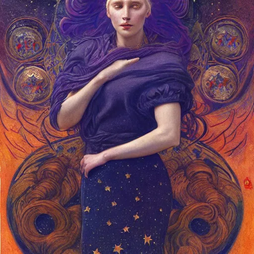Prompt: queen of the moon with stars in her hair, by annie swynnerton and tino rodriguez and nicholas roerich and lucien freud and jean delville and tom bagshaw, dramatic lighting, floral tattoos, rich colors, smooth sharp focus, extremely detailed, adolf wolfli