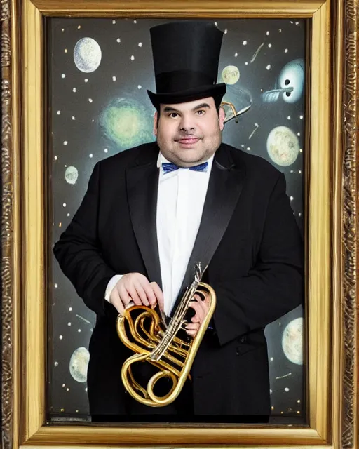 Prompt: studio portrait of ian karmel wearing a top hat, playing a french horn, with a space background