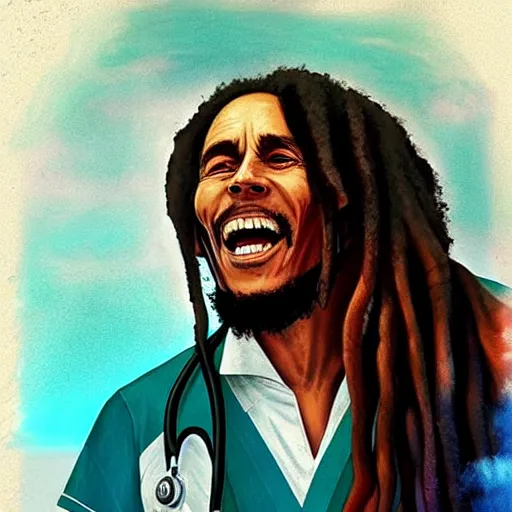 Prompt: bob marley in scrubs as a doctor, by greg rutkowski, great colors, trending on artstation