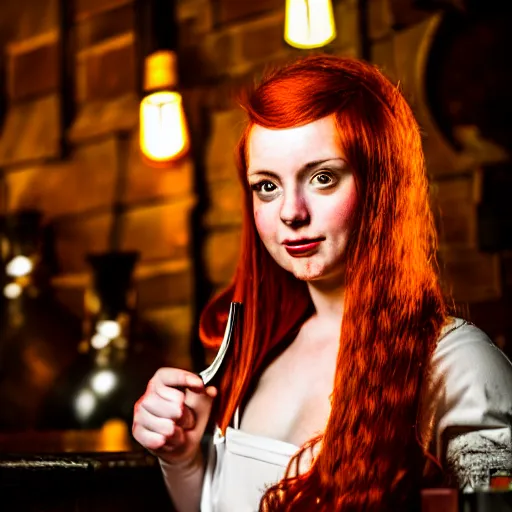 Image similar to beautiful bar maid with auburn hair, in a medieval tavern at night, dramatic, cinematic, filmic, 7 5 mm, f / 1. 8
