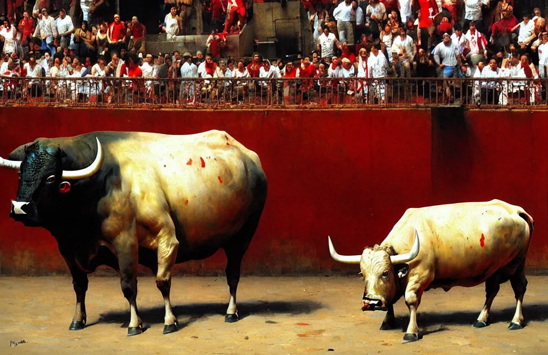 Prompt: bull in the bullring of pamplona, san fermin, detailed painting, epic lighting, by ilya repin, phil hale and kent williams