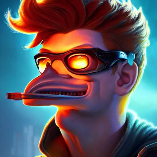 Image similar to fry from futurama, being a great, loveable guy, sci - fi, gritty, shadowrun splash art, art by artgerm, intricately detailed, highly detailed, trending on artstation, 4 k, wallpaper - 1 0 2 4