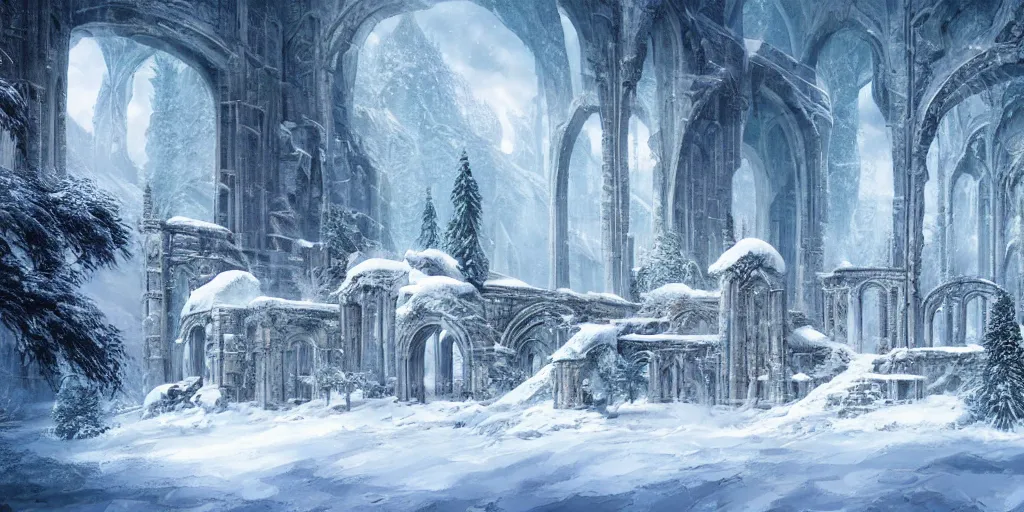 Image similar to a snowy landscape, sparse fir trees, scattered broken ancient ruin structures, giant archways, fantasy digital painting, stunning, intricate details, artwork by ross tran and artgerm