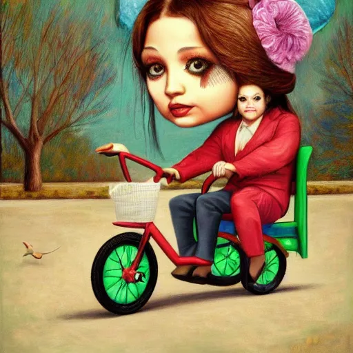 Image similar to Ariana Greenblatt on a tricycle, lowbrow painting by Mark Ryden