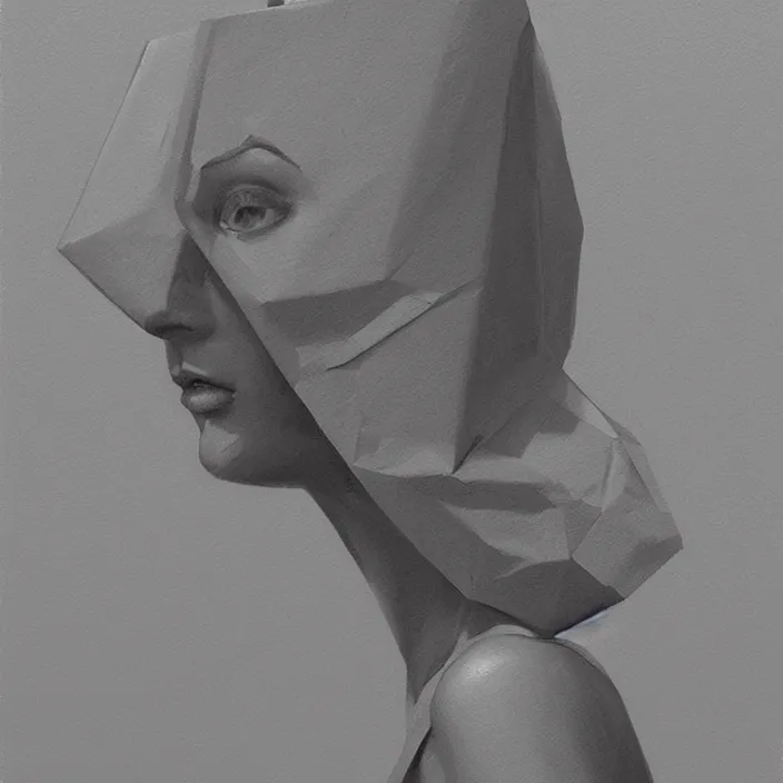 Image similar to woman portrait with a paper bag over the head, highly detailed, artstation, art by ian mcque, ilya kuvshinov, zdislav beksinski, wayne barlowe, edward hopper