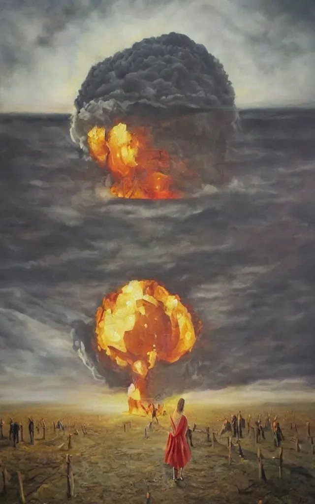Prompt: an oil painting called the last selfie on earth, scary, showing nuclear explosions, trending on instagram