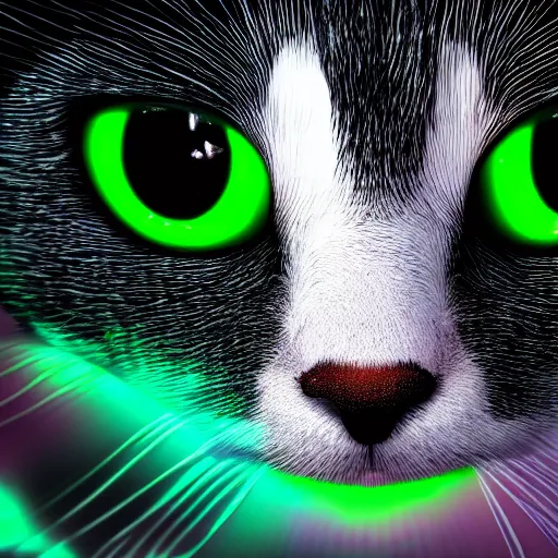 Image similar to Portrait of a black and white cat mob boss in space with colorful bright green eyes, medium shot, hd, 8k, hyper-realism, detailed, octane 8k,