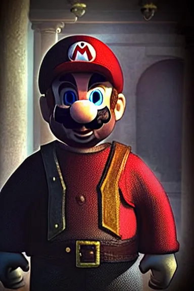 Image similar to “ very very intricate photorealistic photo of a realistic human version of super mario in an episode of game of thrones, photo is in focus with detailed atmospheric lighting, award - winning details ”