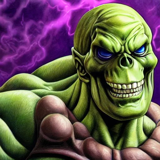 Prompt: ultra realistic portrait painting of skeletor as hulk, art by akira toriyama, 4 k, dragon ball artstyle, cel shaded, highly detailed, epic lighting