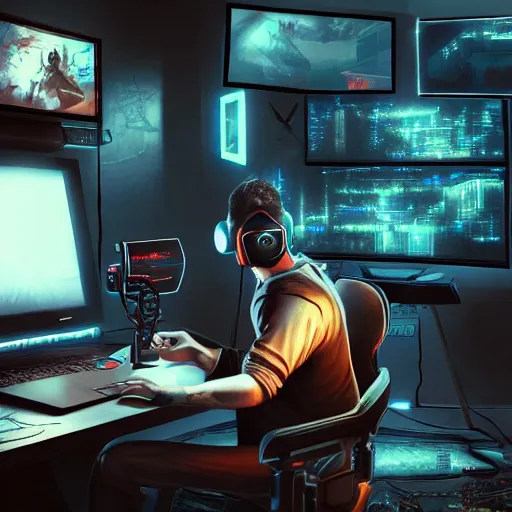 Image similar to realistic man using laptop in gaming room, artstation trends, cyberpunk concept art, highly detailed, intricate, sharp focus, digital art, 8 k