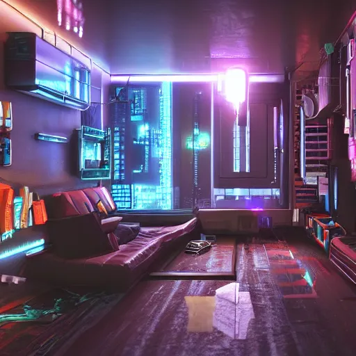 Prompt: the cyberpunk apartment , render, octane, 4k, highly detailed, vivid colors, high definition