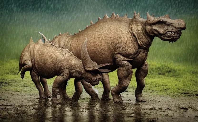 Prompt: nature photography of a rain soaked triceratops and her baby, african savannah, rainfall, muddy embankment, fog, digital photograph, award winning, 5 0 mm, telephoto lens, national geographic, muscular legs, large eyes