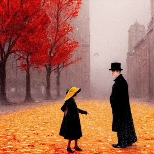 Image similar to a highly detailed epic cinematic concept art, a thin man in a black coat and bowler hat talks with small young girl who is dressed in a red coat and a red hat, park, autumn, 1923, wide angle, high detail, in style of Greg Rutkowski, width 768